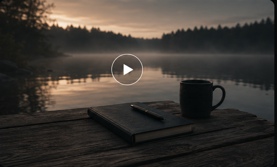 A quiet lake scene with a notebook and mug on a wooden dock